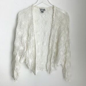 Chico's Crochet Tulle Flowers Beaded Open Front Cardigan ML Ivory Mini Pearls